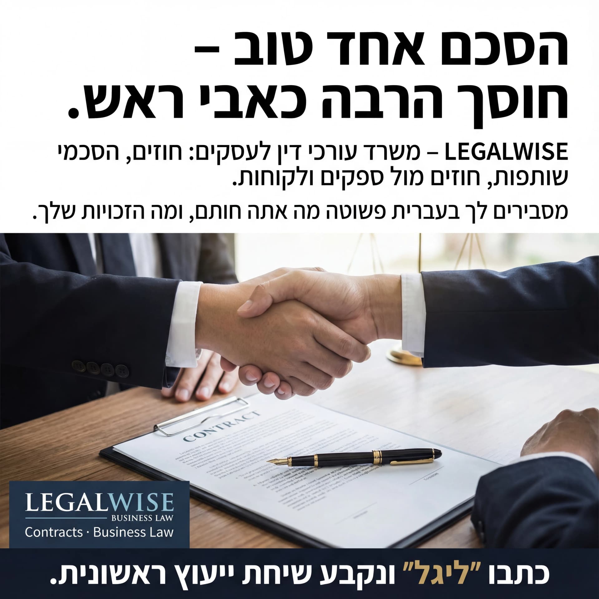 מודעת AI לשירותים מקצועיים: Legal Wise. פרומפט: ⚖️ LEGALWISE BUSINESS LAW 2
טקסט מודעה:
כותרת:
הסכם אחד טוב – חוסך הרבה כאבי ראש.
שורה שנייה:
LEGALWISE – משרד עורכי דין לעסקים: חוזים, הסכמי שותפות, חוזים מול ספקים ולקוחות.
שורה שלישית:
מסבירים לך בעברית פשוטה מה אתה חותם, ומה הזכויות שלך.
CTA:
כתבו "ליגל" ונקבע שיחת ייעוץ ראשונית.
רעיון לתמונה:
שני אנשים לוחצים יד מעל חוזה על שולחן, עט ליד. לוגו LEGALWISE BUSINESS LAW. טקסט קטן: "Contracts · Business Law".